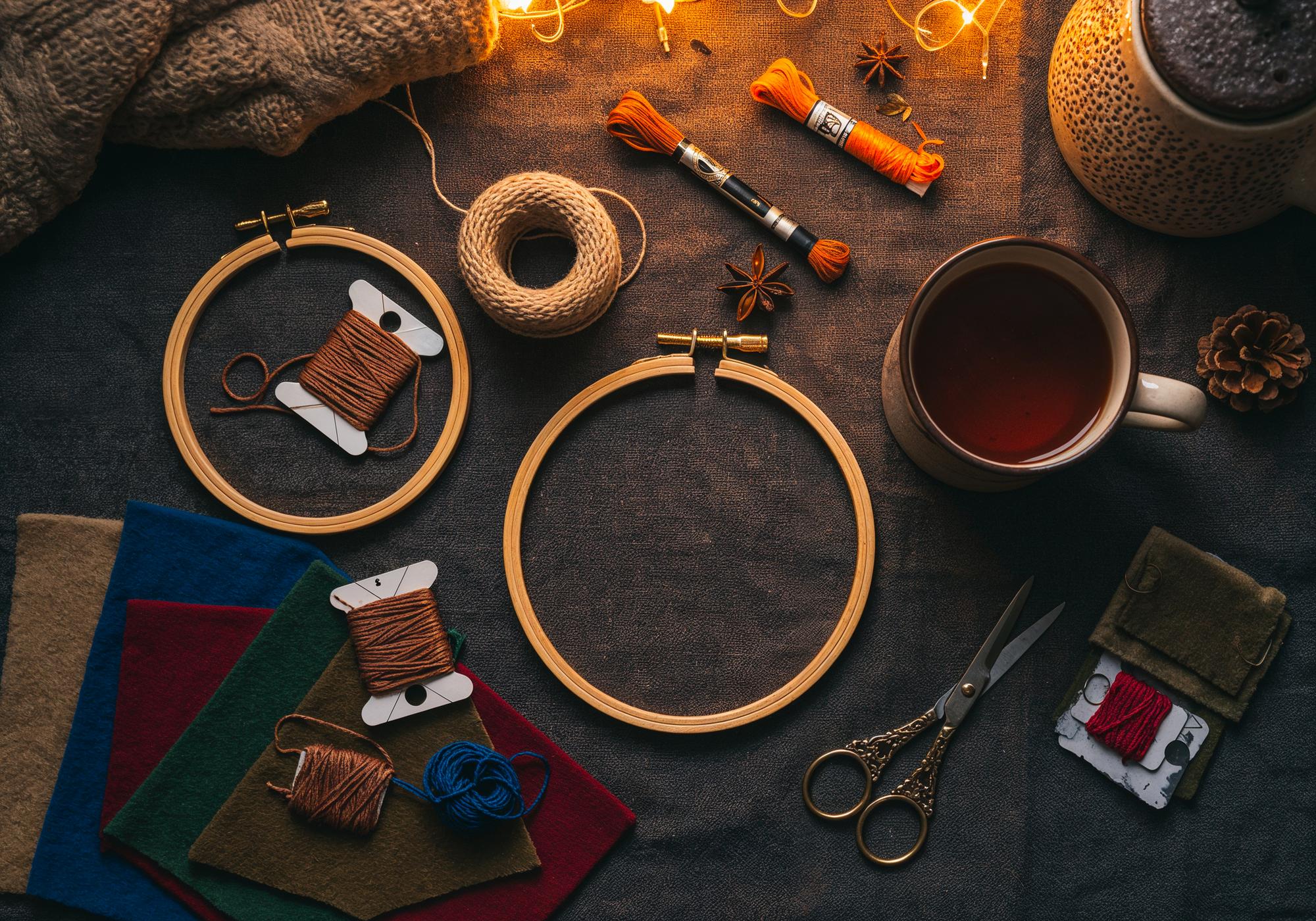 Workshop table with threads and embroidery hoop